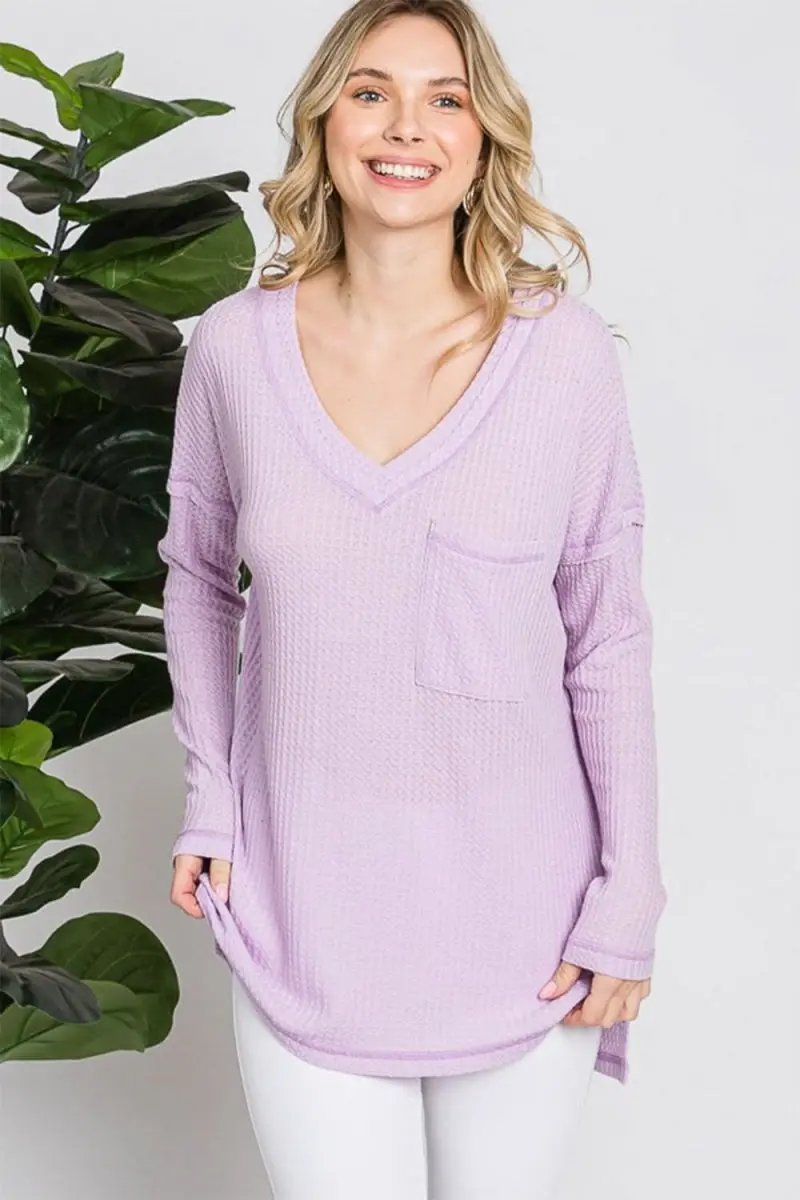 Reborn J Waffle Knit V-Neck Long Sleeve T-Shirt - Love Salve